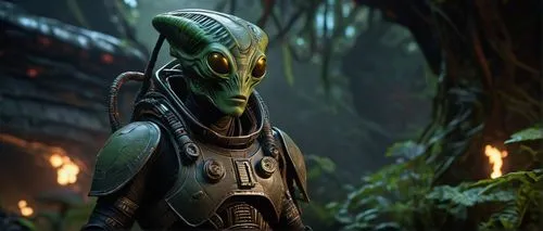 Alien, Star Wars, extraterrestrial being, slender physique, green scaly skin, long neck, large black eyes, sharp teeth, intricate headpiece, tribal tattoos on arms and chest, worn leather armor, utili