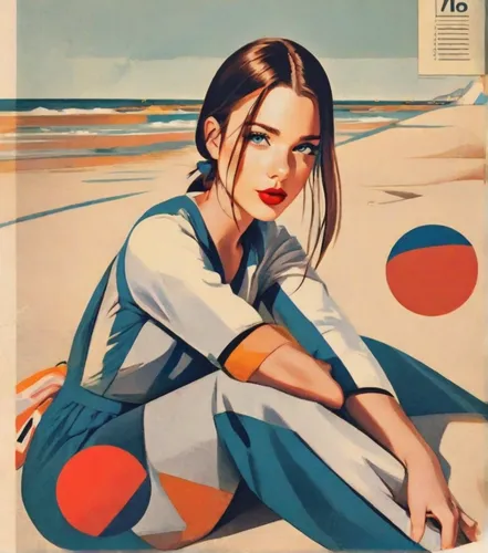 A beautiful young woman sits on the sea beach against the backdrop of sand and sea. The weather is sunny.,magazine cover,vintage illustration,retro woman,vintage art,advertisement,retro women,italian 