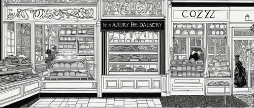 convenience store,grocer,kitchen shop,grocery,bakery,pastry shop,food line art,paris shops,soap shop,shopkeeper,brandy shop,candy shop,friterie,pantry,french confectionery,confiserie,watercolor paris shops,soda shop,store fronts,butcher shop,Illustration,Black and White,Black and White 24