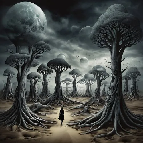 mushroom landscape,ghost forest,tree grove,lunar landscape,halloween bare trees,the roots of trees,deforested,black landscape,dark world,dead vlei,fantasy picture,desolation,fantasy art,of trees,dance of death,surrealism,haunted forest,the trees,druid grove,tree of life,Illustration,Black and White,Black and White 07