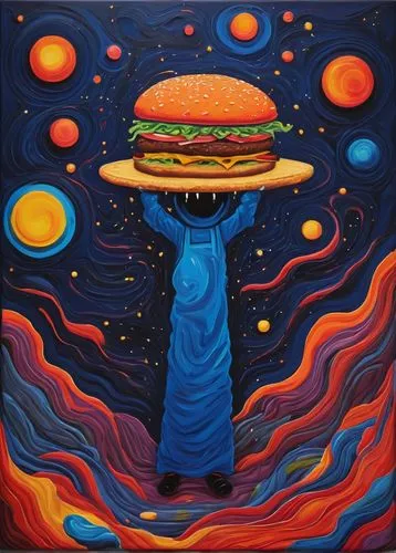 a painting of a person holding a hamburger on his shoulders,hamburger,big hamburger,homburger,cheeseburger,the burger,presburger,Conceptual Art,Daily,Daily 26