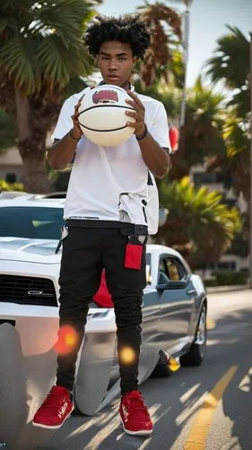 african american, youth, male, black shirt and black pants, holding basketball, calmly, in front of a red camaro, palm trees in the background, 4k,street sports,streetball,basketball moves,running bac