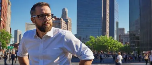 Middle-aged, male, architectural designer, Kettering, standing, hands in pockets, black-framed glasses, short brown hair, beard, white shirt, dark blue jeans, sneakers, holding a roll of blueprints, c