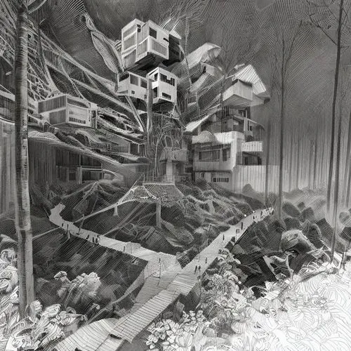 the surreal scenery is created from black and white inks,fallingwater,escher village,multiple exposure,hooverville,unbuilt,henryville,Art sketch,Art sketch,Concept