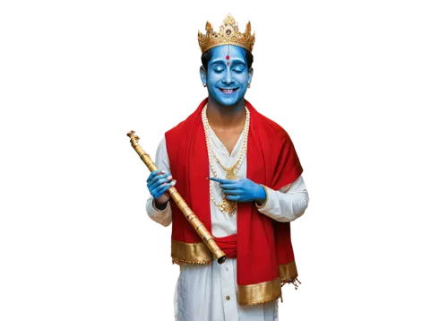 Krishna, Indian deity, blue skin, handsome face, detailed eyes, golden crown, pearl necklace, white dhoti, red shawl, holding flute, gentle smile, peaceful expression, soft focus, warm lighting, shall