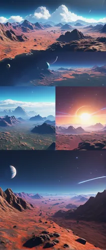 futuristic landscape,lunar landscape,alien planet,planets,exoplanet,desert planet,planet mars,panoramic landscape,earth rise,alien world,terraforming,red planet,virtual landscape,moon valley,horizon,venus surface,moonscape,space art,phase of the moon,mars i,Illustration,Retro,Retro 04