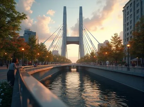 International style bridge, modern architecture, sleek lines, metallic materials, silver color, urban cityscape, evening time, warm golden lighting, street lamps, pedestrians walking, cars driving by,