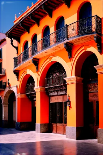 Spanish-inspired architecture, ornate building facade, arches, columns, red-tiled roof, balconies with intricate ironwork, vibrant colors, Moorish influence, Plaza Mayor, warm sunlight, low-angle shot