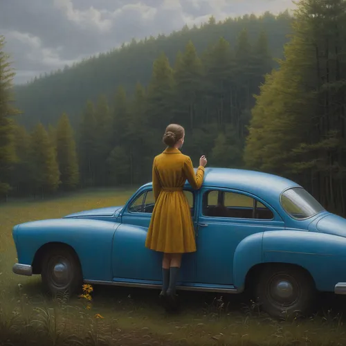 Feel the joy and excitement of the weekend through beautiful images.,girl and car,simca,woman in the car,girl with tree,simca ariane,aronde,ford prefect,borgward,girl in car,world digital painting,ope