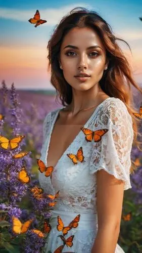 Es un sueño, En el paraíso perdido, atardecer en plena primavera multicolor, Ella es un dulce sueño que jamás se hará realidad, mariposas revoloteando a su alrededor, imagen de cuerpo entero, perfecta