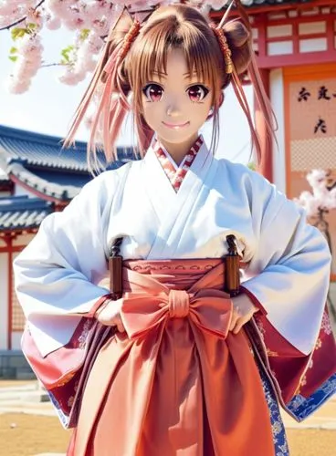 cosplay, girl, japanese clothes, solo, twintails, hands on hips, miko, hair ribbon,  hakama, pink hair, smile, brown hair, looking at viewer, red hakama, ,a woman wearing an oriental costume under che