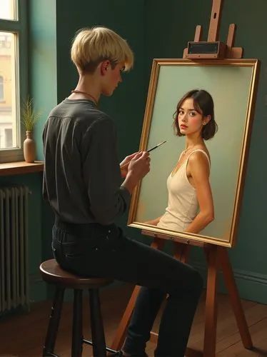 In a studio where teenagers can express their feelings, a young lad with short fair hair stands at his easel as a talented artist. His girlfriend sits as his model, his brushstrokes vividly inspired b