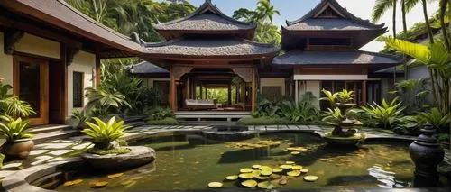 Bali-inspired architecture, traditional Indonesian design elements, intricate carvings, ornate wooden doors, majestic stone statues, lush greenery surroundings, tropical plants, water features, koi po