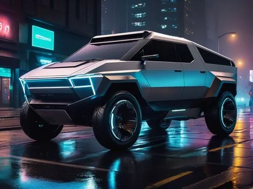 Cybertruck, futuristic, 48V electric powertrain, sleek metallic body, silver color, sharp angular lines, LED lights, aggressive front grille, massive wheels, low-profile tires, dynamic stance, urban c