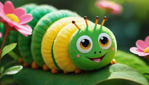 Good luck charm, caterpillar mascot, green body, yellow stripes, big round eyes, sitting on a leaf, surrounded by lush greenery, vibrant flowers blooming nearby, warm sunlight filtering through the tr