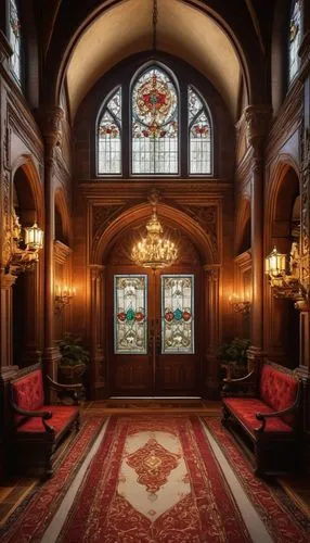 foyer,royal interior,ornate room,banff springs hotel,entrance hall,victorian room,dolmabahce,peles castle,hallway,parlor,interior decor,hotel hall,crown palace,lobby,stained glass windows,danish room,ballroom,hall,orangery,art nouveau frame,Art,Classical Oil Painting,Classical Oil Painting 29