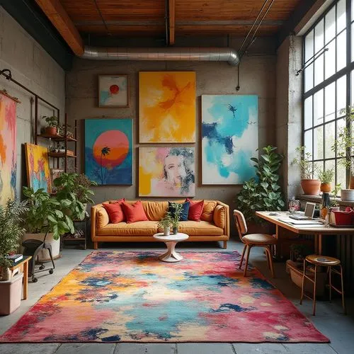 loft,rugs,interior design,living room,bohemian art,modern decor,the living room of a photographer,livingroom,tapestries,rug,interior decor,contemporary decor,scandinavian style,interiors,maximalism,mid century modern,dogpatch,great room,danish furniture,home interior,Photography,General,Realistic