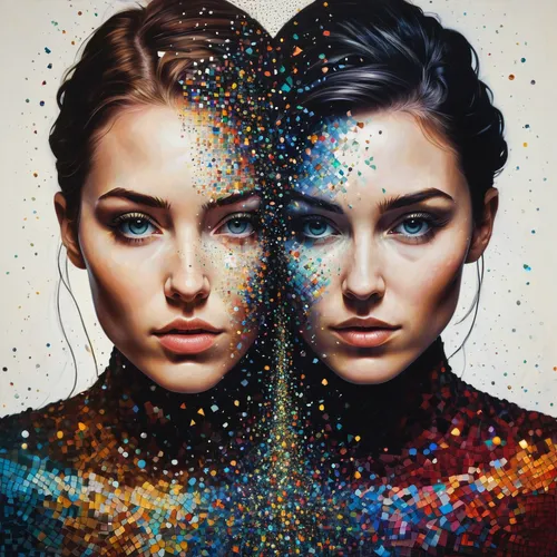 meridians,gemini,mirror image,multicolor faces,dualism,psychedelic art,duality,split personality,oil painting on canvas,parallel worlds,two people,prismatic,two girls,glitter powder,mirrors,polarity,illusion,art painting,mirrored,mirror of souls,Illustration,Realistic Fantasy,Realistic Fantasy 36