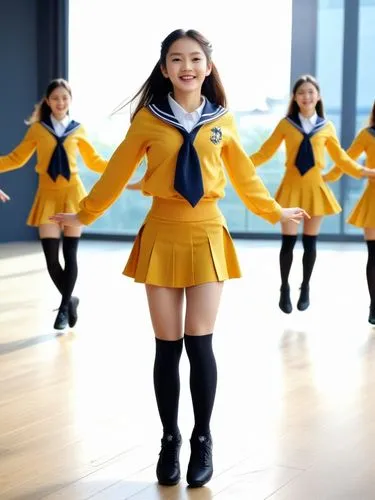 The girl in front performs a jumping jack dance - legs spread wide.,the girls are dancing in the dance studio,xiuqiong,moua,clc,ioi,gangnam,akimoto