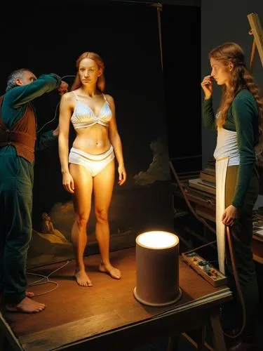 A model is being prepared by Albrecht Duerer (Nuremberg) for his next painting.,two people dressed in underwear looking at a painting,kienholz,bodypainting,lifecasting,scene lighting,photo session in 