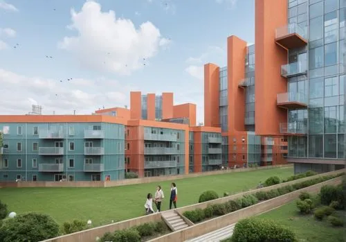 An inner courtyard with a playground, a glass entrance group, greenery on the balconies, different floors of the building,a group of people walk through the grass near some buildings,unitech,europan,k