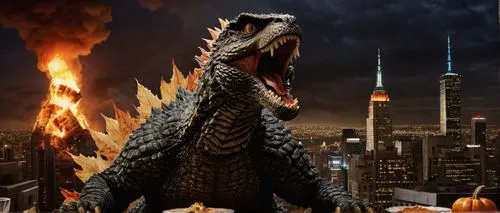 Godzilla, Thanksgiving, monster, city destruction, skyscraper, metropolitan area, dark cloudy sky, evening time, warm orange lighting, destroyed buildings, rubble, smoke, flames, fiery breath, sharp t