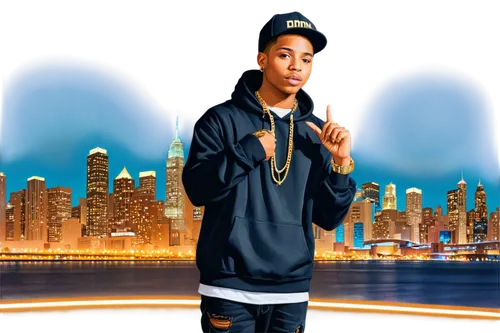 Young male rapper, urban outfit, gold chain, black hoodie, sneakers, microphone, confident posture, one hand holding mic, other hand gesturing, downtown cityscape background, night scene, neon lights,