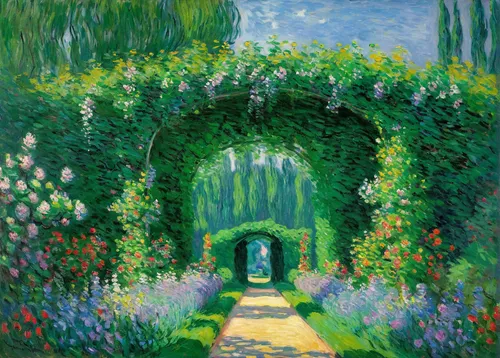 Monet, Flowering Arches Giverny,tunnel of plants,claude monet,to the garden,garden door,towards the garden,giverny,archway,pathway,secret garden of venus,flower garden,gardens,lilac arbor,post impress