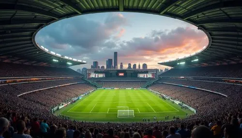 Modern stadium, corrugated iron, curved roof structure, metallic texture, industrial feel, angular lines, dramatic lighting, evening atmosphere, sports event, crowded stands, lush green football field