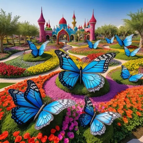 dubai miracle garden,blue butterflies,butterfly background,dubailand,the disneyland resort,ulysses butterfly,Illustration,Realistic Fantasy,Realistic Fantasy 04