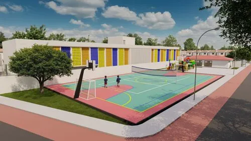school design,3d rendering,tennis court,padel,basketball court,paddle tennis,leisure facility,kindergarten,prefabricated buildings,urban design,sport venue,termales balneario santa rosa,sports center for the elderly,render,dug-out pool,outdoor pool,shipping containers,north american fraternity and sorority housing,colorful facade,new housing development