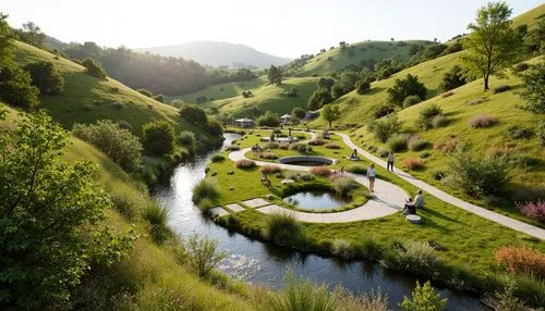 Natural grass fields, rolling hills, curved walkways, organic-shaped seating areas, living roofs, green walls, native plant species, blooming wildflowers, meandering streams, small ponds, wooden bridg