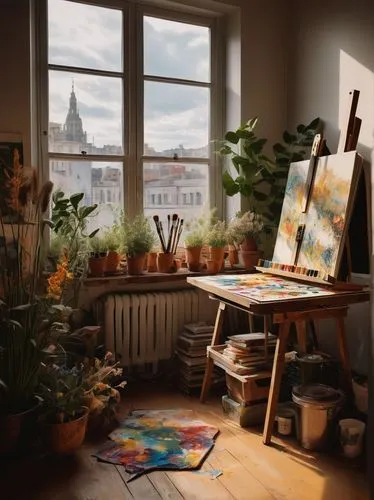 italian painter,flower painting,painting technique,photo painting,art painting,meticulous painting,still life of spring,art academy,home landscape,painting,the living room of a photographer,watercolor paris balcony,world digital painting,painter,easel,windowsill,window sill,painting work,sunflowers in vase,art tools,Illustration,Paper based,Paper Based 22