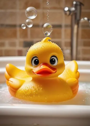 Yellow rubber duck, bright shiny eyes, orange beak, fluffy feathers, sitting, bathtub, water droplets, soap bubbles, child's toy, soft focus, warm lighting, close-up, shallow depth of field, cute expr