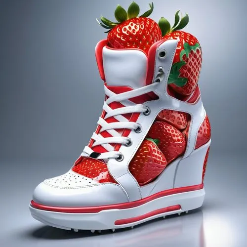 baskets futuristes  faites avec des fraises et avec des semelles compensées hyper hautes et ,strawberry,strawberries falcon,strawberries,red strawberry,strawbs,fraise,strawberry drink,frustaci,strawbe