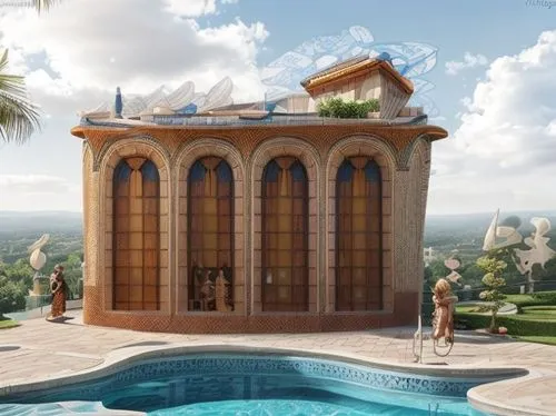 egyptian temple,persian architecture,pool house,house with caryatids,islamic architectural,qasr al watan,house of allah,3d rendering,holiday villa,quasr al-kharana,qasr al kharrana,luxury property,marrakech,roman villa,villa,build by mirza golam pir,morocco,model house,mansion,greek temple,Architecture,General,Classic,Mudéjar