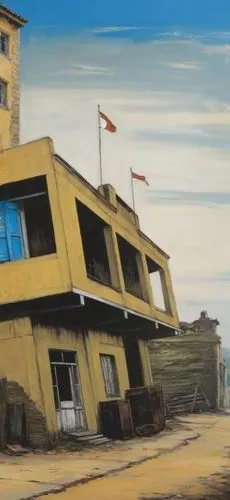 there is a painting of a house and some flags,dunes house,sheeler,habitat 67,stilt house,hopper,crooked house,kurelek,danish house,varsavsky,crane houses,crane house,lifeguard tower,fisherman's house,