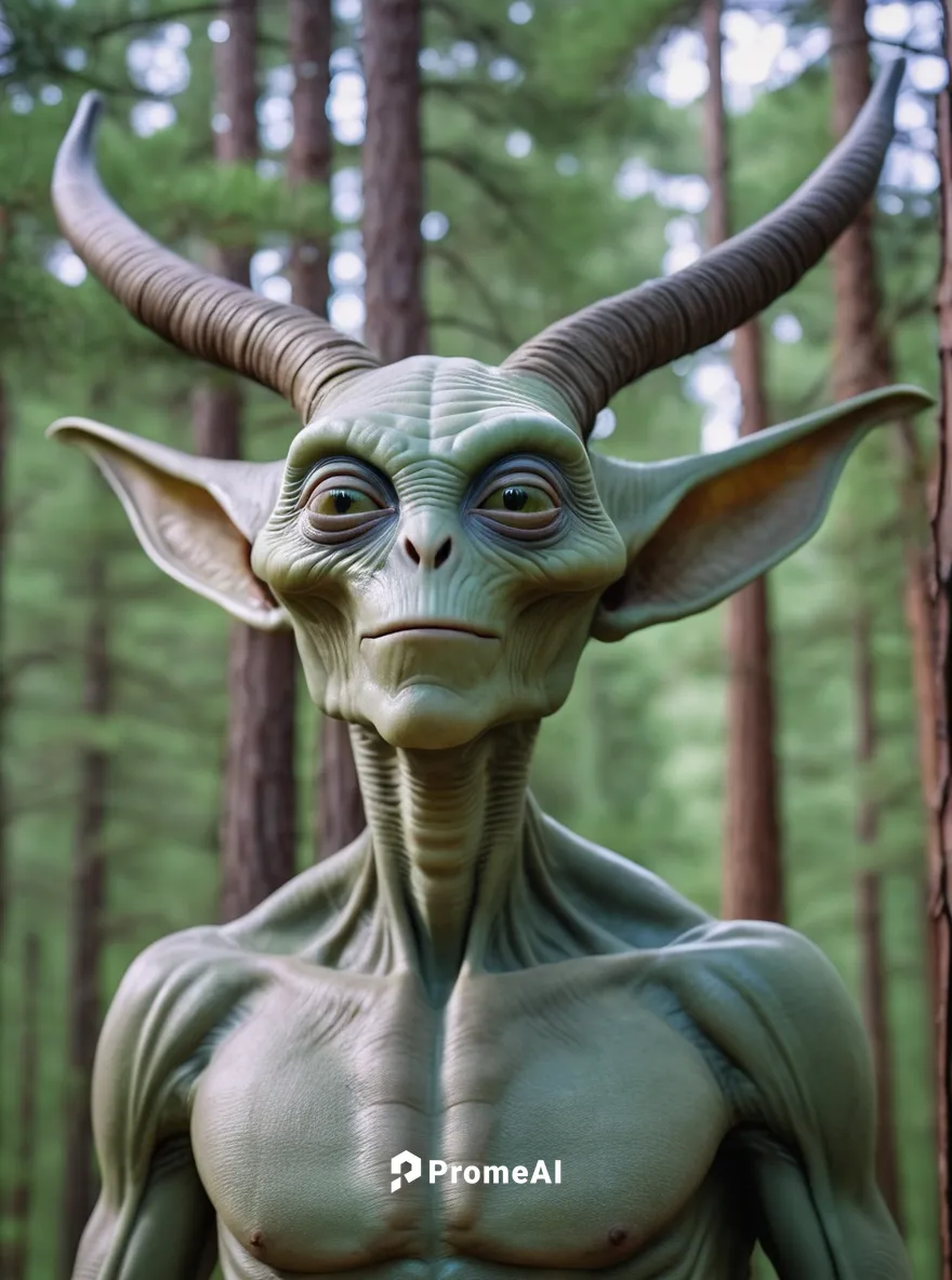 light grey green alien man,smirk, friendly, with horns and large ears,forest background,large pine trees,eye pupils,yoda,goblin,fgoblin,wood elf,lopushok,cgi,male elf,orc,green goblin,horned,ogre,yogi