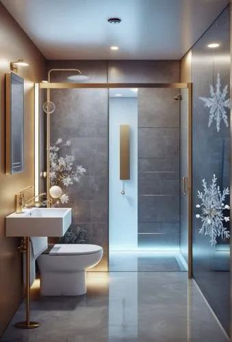 Magical winter scene bathroom, snowy winter wonderland style, snowy winter, hotel interior bathroom, Hyper realistic photo, Modern white sink counter, walk-in shower, white ceramic tiles, snow flakes 