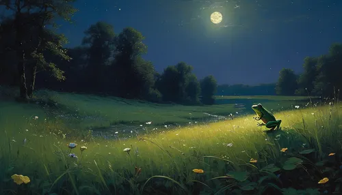 fireflies,moonlit night,green meadow,night scene,moonlight,moonlit,fantasy picture,studio ghibli,meadow,green fields,green landscape,the night of kupala,evening atmosphere,meadow play,dandelion field,moonlight cactus,clover meadow,meadow landscape,summer evening,green bubbles,Art,Classical Oil Painting,Classical Oil Painting 32