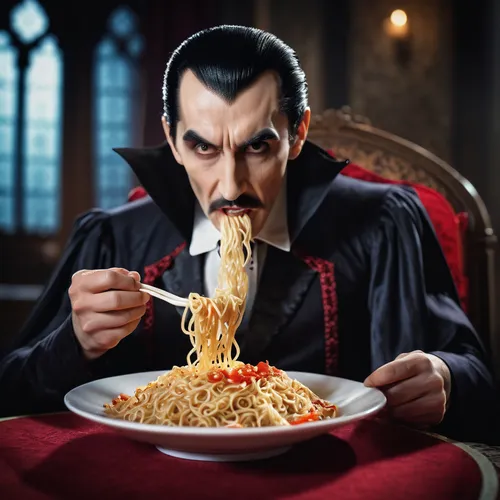 Conde Drácula comendo macarrão instantâneo,capellini,dracula,count,orzo,fettuccine,carbonara,dark mood food,spaguetti,pasta,feast noodles,italian pasta,linguine,italian cuisine,indomie,spaghetti,appet