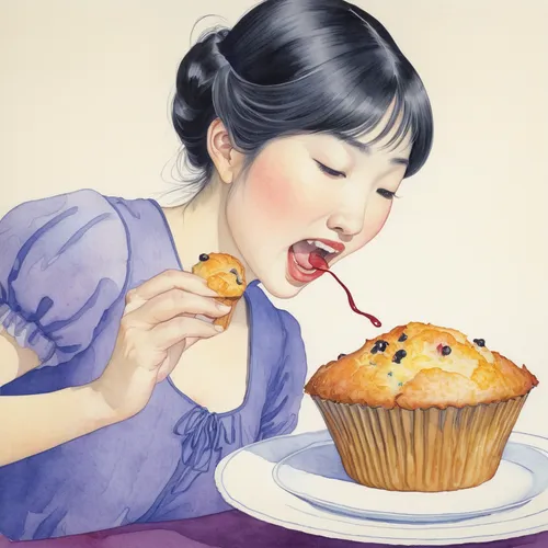 Create a suspenseful scene where someone bites into a muffin and discovers a hidden message.,woman eating apple,woman holding pie,blueberry pie,blueberry muffins,girl with cereal bowl,plum cake,apple 