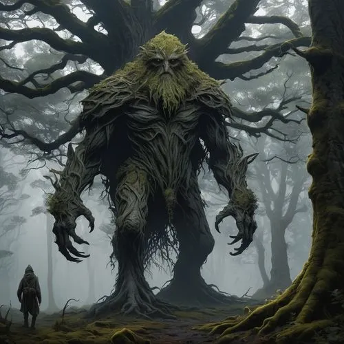 An ent or treeherder like Treebeard walkign through the Entwash south of the Anduin in mid morning, in the style of Alan Lee.

The tree-like being has a strong gait and exposed the overgrowth of spore