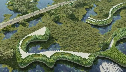 salt marsh area with thin water channels surrounded by wooden cubic structures partially covered with greenery and wild grass,  highway with cars on the background, surrounded with high trees, atmosph