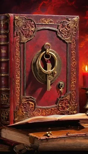 Fantasy book cover, mysterious old tome, leather-bound, golden font title, intricate lock and key design, ornate borders, crimson red background, dimly lit, solitary candlelight, wooden desk, ancient 