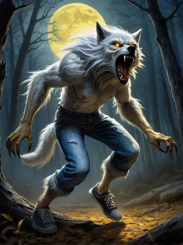 Female werewolf, full moonlight, transforming, ripped clothes, claws out, furry arms, legs, tail, sharp teeth, glowing yellow eyes, flowing silver hair, ripped white shirt, torn blue jeans, sneakers, 