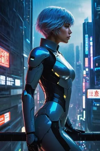 Major Motoko Kusanagi, Ghost in the Shell, stand tall, cybernetic eyes glowing blue, short white hair, futuristic armor suit, intricate mechanical details, metallic sheen, neon-lit cityscape, skyscrap