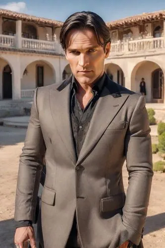 Handsome man on a rich ranch in Jalisco, Mexico. Elegant ranch house, Rich style. Villain vibes, black Clothes ,the man in white shirt is leaning against an old brick building,facinelli,hotch,hotchner