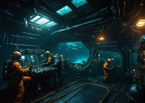 sci fi surgery room,deep sea diving,aquanaut,mining facility,deep sea,research station,engine room,undersea,nautilus,scuba,heavy water factory,underwater background,scuba diving,deep sea nautilus,underwater diving,the bottom of the sea,ocean floor,under the water,the blue caves,submersible,Art,Classical Oil Painting,Classical Oil Painting 39