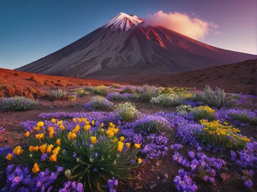 Create a peaceful scene of El Teide surrounded by a field of wildflowers.,volcanic landscape,mount taranaki,purple landscape,splendor of flowers,teide national park,flowerful desert,mount saint helens